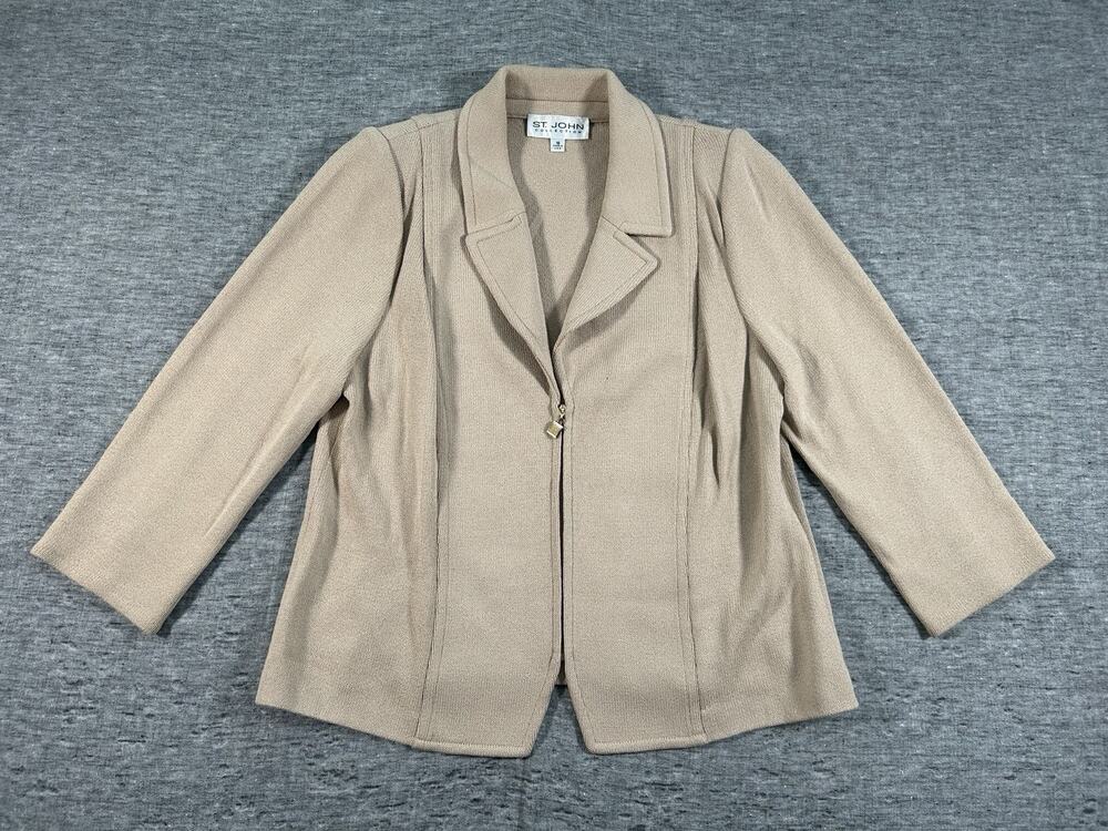 St. John Collection Zip-Up Jacket Womens 16 Beige Classic Luxury Designer Knit
